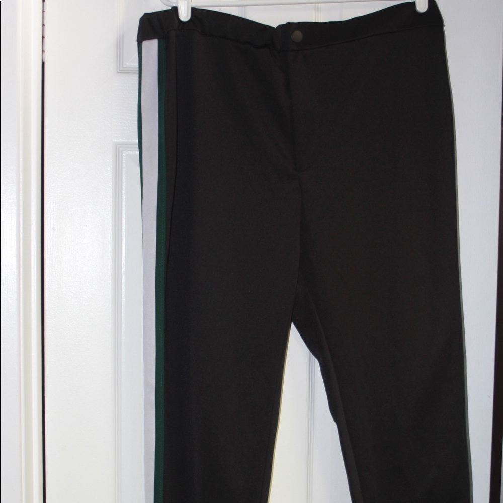 White and green striped stretchy black pants